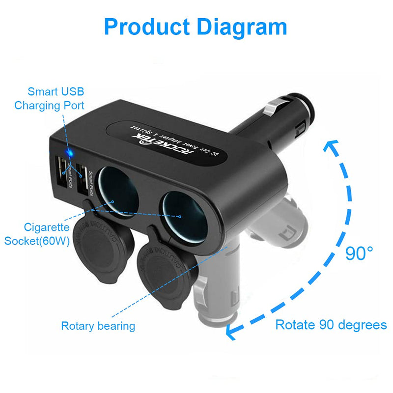  [AUSTRALIA] - Rocketek 2-Socket Car Splitter Cigarette Lighter Adapter 4 in 1 Multi Power Outlet 12/24V 90W with 3.1A 2 USB Car Charger Adapter, Cigarette Lighter Splitter Adapter for iPhone Pad Phone Tablet GPS 2 sockets