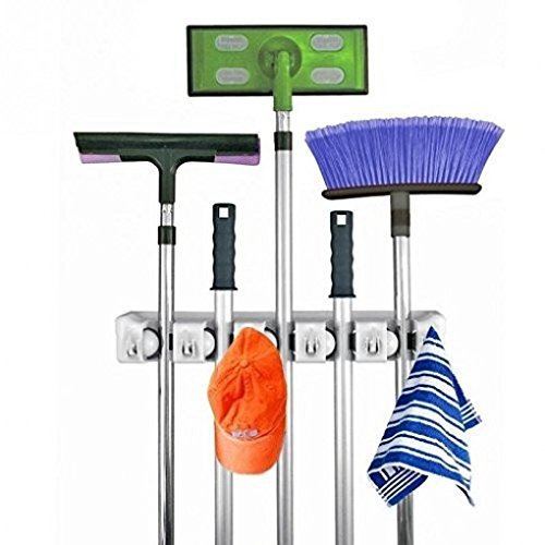  [AUSTRALIA] - BestTeam Mop and Broom Holder, 5 Position with 6 Hooks Garage Storage Holds up to 11 Tools, Storage Solutions for Broom Holders, Garage Storage Systems Broom Organizer for Garage Shelving Ideas