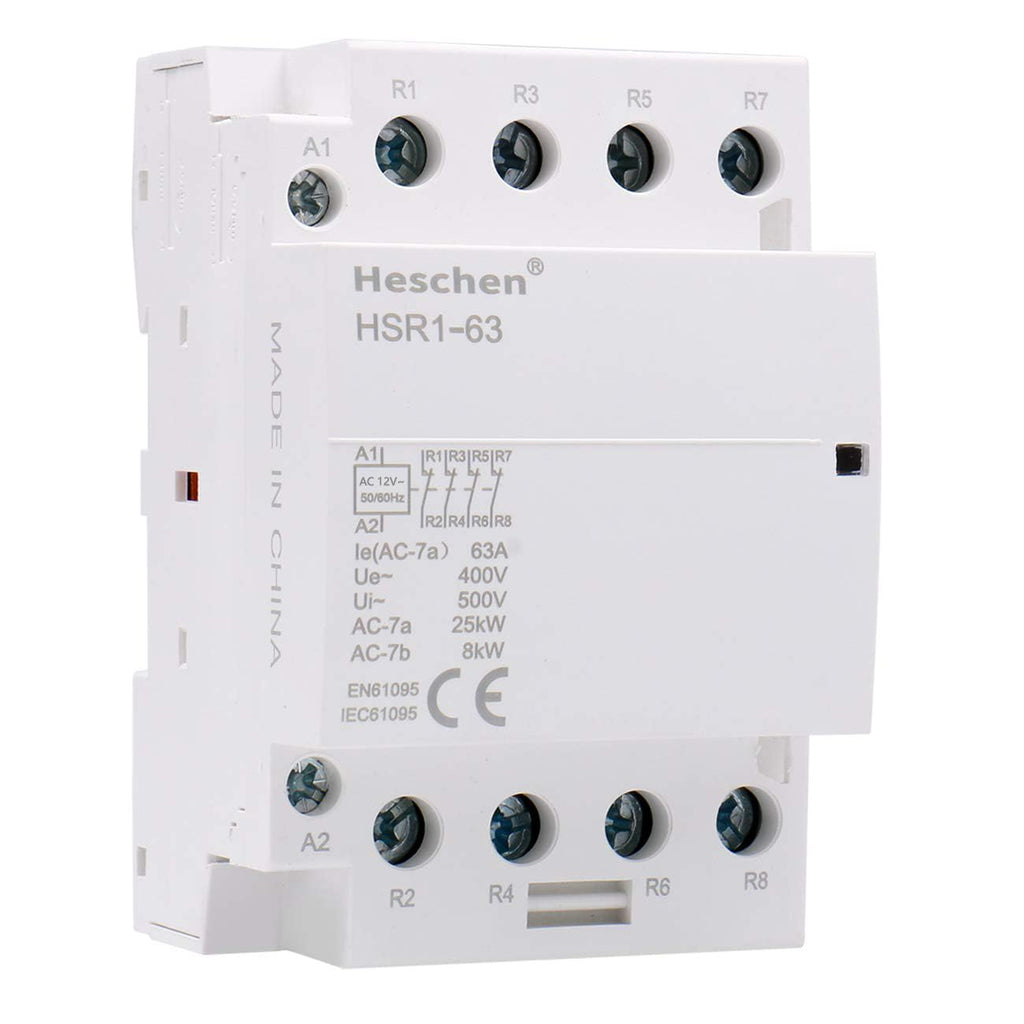  [AUSTRALIA] - Heschen Household AC Contactor, HSR1-63, Ie 63A, 4 Pin, Four Normally Closed, AC 12V Coil Voltage, 35mm DIN Rail Mount