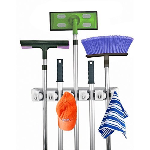  [AUSTRALIA] - Mop and Broom Holder, 5 Position with 6 Hooks Garage Storage Holds up to 11 Tools, Storage Solutions for Broom Holders and Garage Storage Systems Broom Organizer for Garage Shelving Ideas