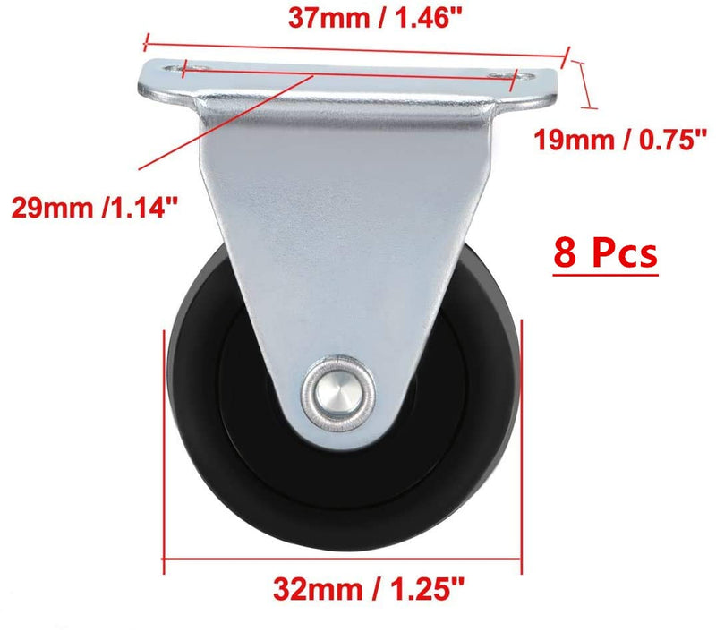  [AUSTRALIA] - Sydien 1.25" Dia Rubber Base Rigid Non-Swivel Top Plate Fixed Casters Wheel Pack of 8