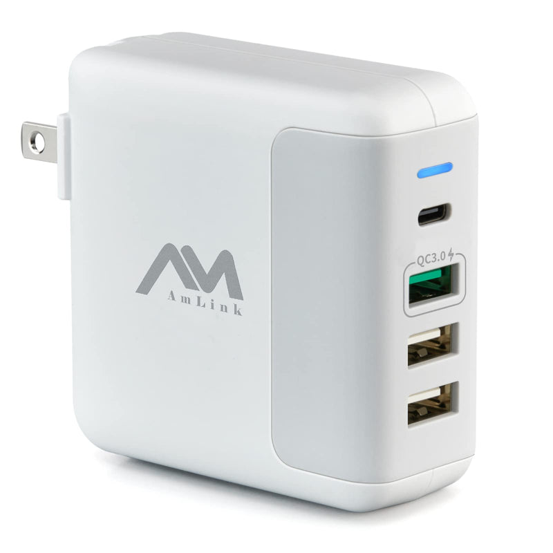  [AUSTRALIA] - USB C Charger 40W, AMLINK 4 Port USB Wall Charger, QC 3.0 Fast Charging Block, USB Charger with Foldable Plug Power Adapter for iPhone 14/14 Pro/14 Pro Max/13/13Pro, iPad, Airpods, Galaxy, Note, Pixel White