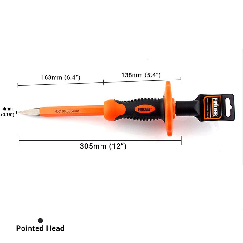  [AUSTRALIA] - Finder 12-Inch Heavy Duty Pointed Chisels With Hand Protection, Pointed/Spear Head, Demolishing/Masonry/Carving/Concrete Breaker Chisels with Bi-Material Hand Guard