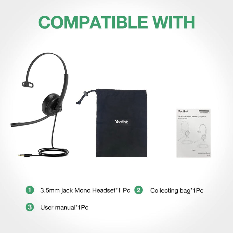  [AUSTRALIA] - Yealink Headset with Microphone 3.5mm Headphone with Mic for PC Computer Laptop Phones Teams Certified Work Office Headset Mono