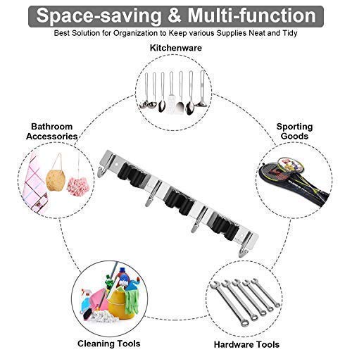  [AUSTRALIA] - Broom Mop Holder Wall Mount,Favbal Garage Organization Tool Organizer Storage Broom Closet Kitchen Organization Heavy Duty Garage Tools Hanger with 3 Racks 4 Hooks for Home Kitchen Garden Laundry Room