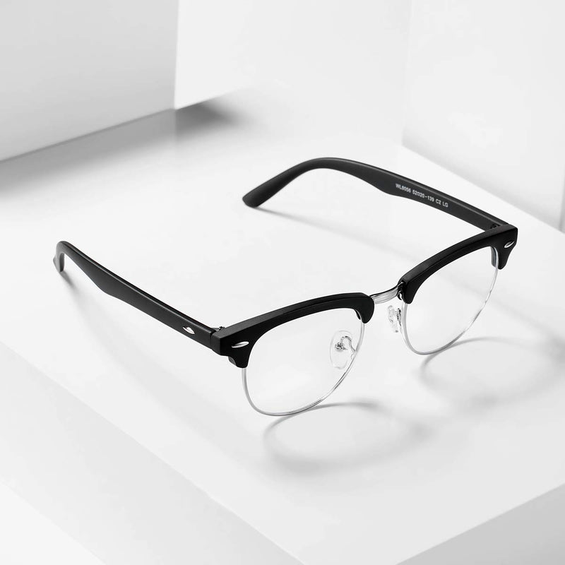  [AUSTRALIA] - AZORB Retro Blue Light Blocking Glasses Semi-Rimless Clear Lens Computer Eyeglasses Frame Horn Rimmed 01 Matte Black/Silver 52 Millimeters