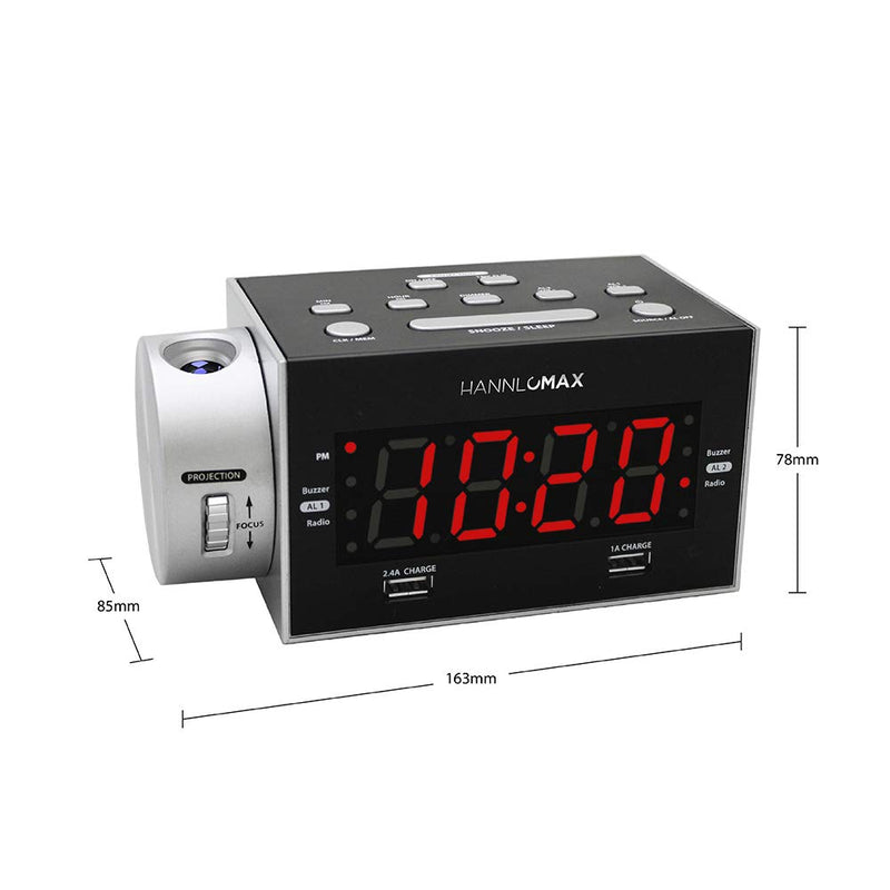 HANNLOMAX HX-135CR Alarm Clock Radio with Projection, PLL FM Radio, Dual Alarm, Dual USB Ports for 2.4A and 1A Charging, 1.2 inches Red LED Display, AC/DC Adaptor Included - LeoForward Australia