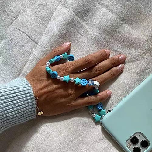  [AUSTRALIA] - Smiley Face Beaded Phone Lanyard Wrist Strap Handmade Rainbow Polymer Clay Acrylic Beads Pearl Bracelet Keychain for Women Blue