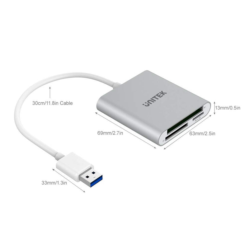 Unitek SD Card Reader USB 3.0 3 Port Memory Card Reader Writer Compact Flash Card Adapter for CF/SD/TF Micro SD/Micro SDHC/MD/MMC/SDHC/SDXC UHS-I Card for Windows & Mac - Aluminum 1ft / 30cm / Silver - LeoForward Australia