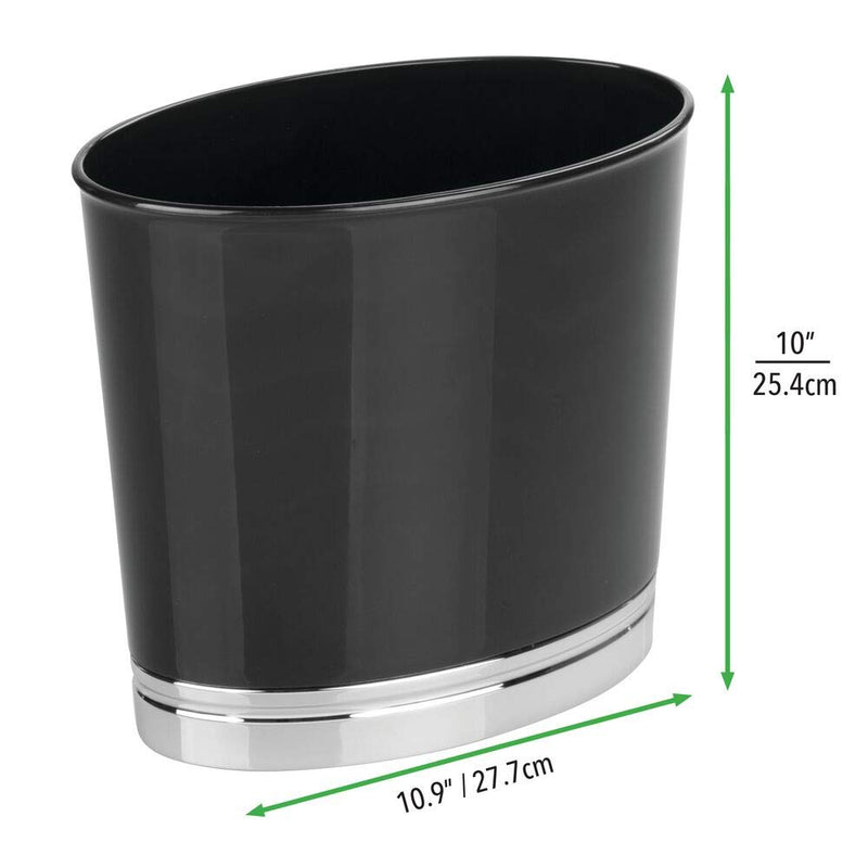  [AUSTRALIA] - mDesign Oval Slim Decorative Plastic Small Trash Can Wastebasket, Garbage Container Bin for Bathrooms, Kitchens, Home Offices, Dorm Rooms - Black/Chrome