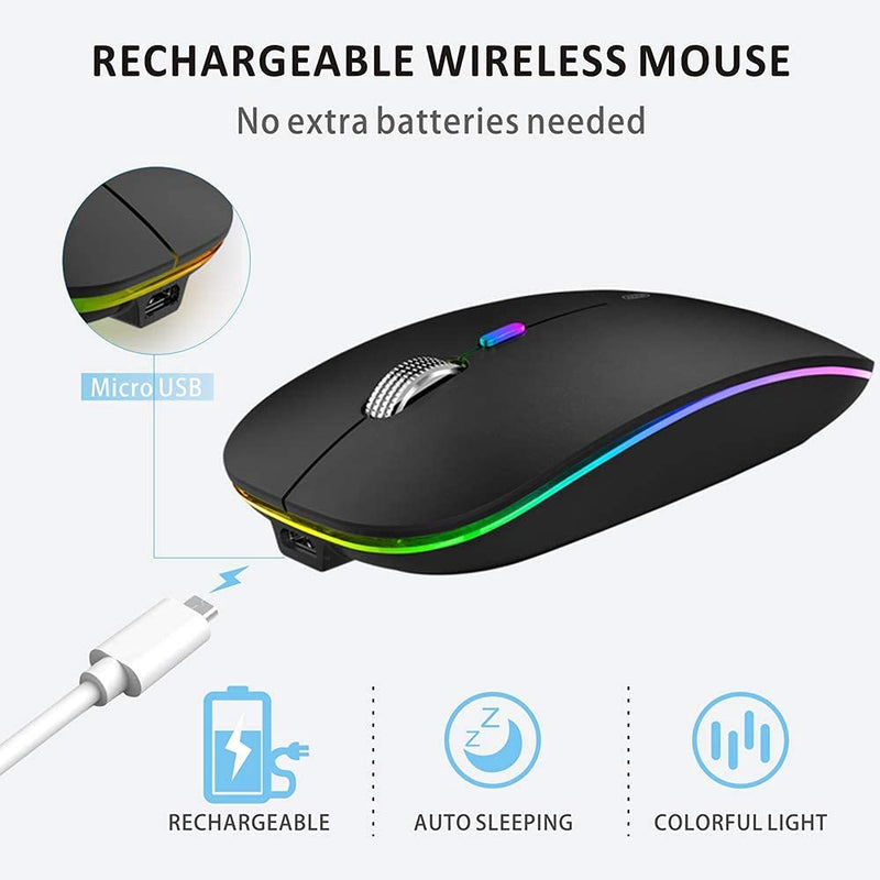  [AUSTRALIA] - LED Wireless Mouse, Uiosmuph G12 Slim Rechargeable Wireless Silent Mouse, 2.4G Portable USB Optical Wireless Computer Mice with USB Receiver and Type C Adapter (Matte Black) Matte Black