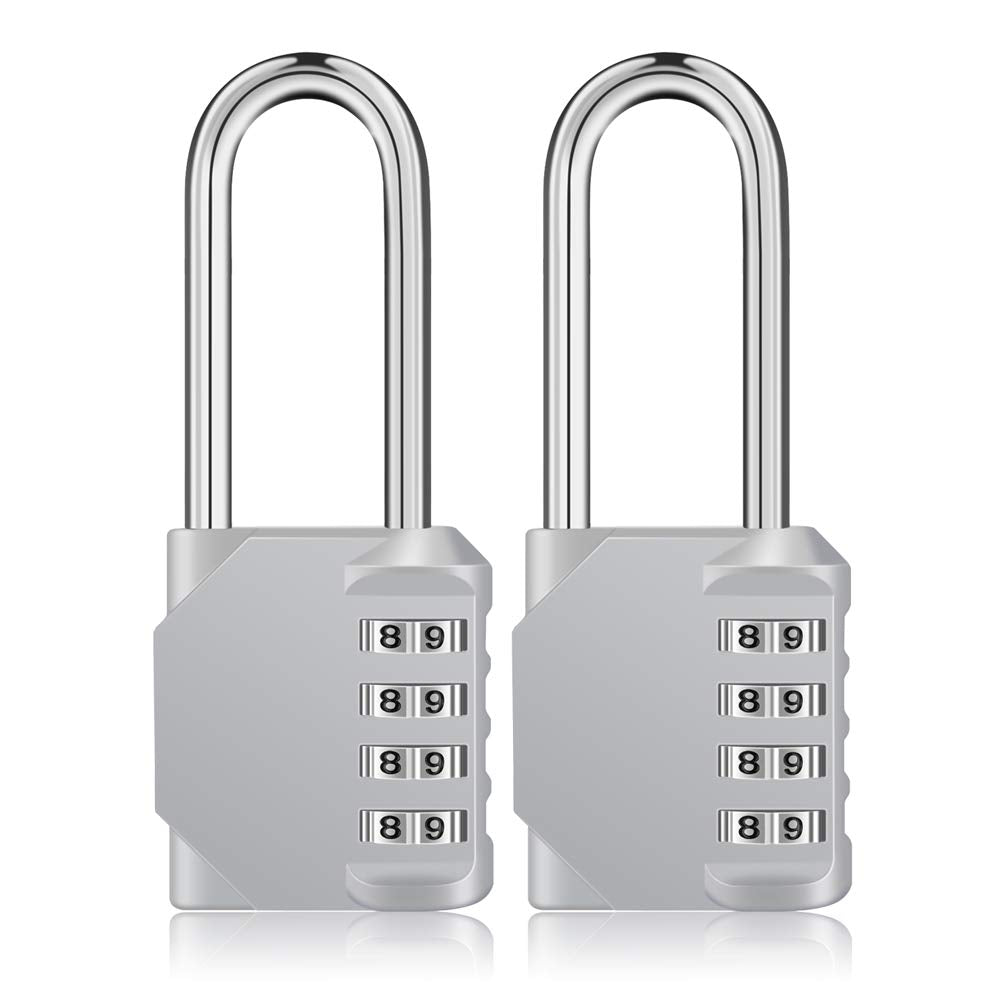  [AUSTRALIA] - ZHEGE Long Shackle Padlock 2 Pack, 4 Digit Combination Lock, Resettable Weatherproof Combo Lock for School, Gym, Employee Locker, Outdoor, Fence SliverL2