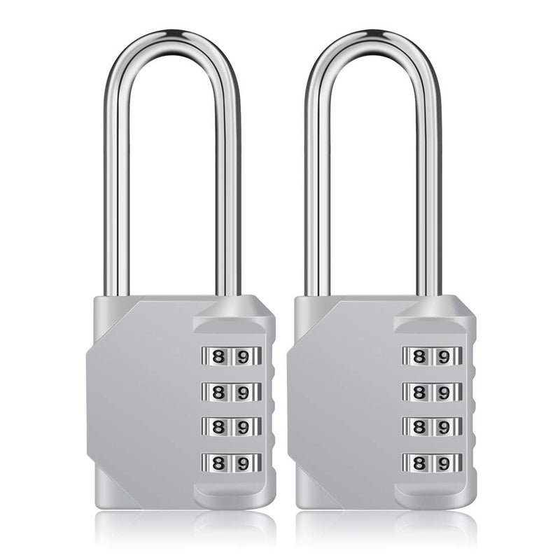  [AUSTRALIA] - ZHEGE Long Shackle Padlock 2 Pack, 4 Digit Combination Lock, Resettable Weatherproof Combo Lock for School, Gym, Employee Locker, Outdoor, Fence SliverL2