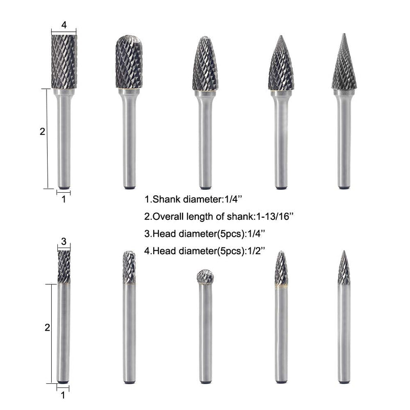  [AUSTRALIA] - Carbide Burrs Sets 10 Pieces JESTUOUS 1/4 Inch Shank Diameter 5pcs 1/2 Head Diameter 5pcs 1/4 Head Diameter for Die Grinder Bits Grinding Cutting Porting