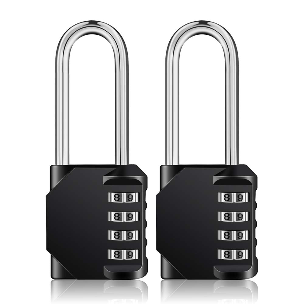  [AUSTRALIA] - ZHEGE Long Shackle Padlock, 4 Digit Combination Lock, Resettable Weatherproof Combo Lock for School, Gym, Employee Locker, Outdoor, Fence (Black,Pack of 2) BlackL2