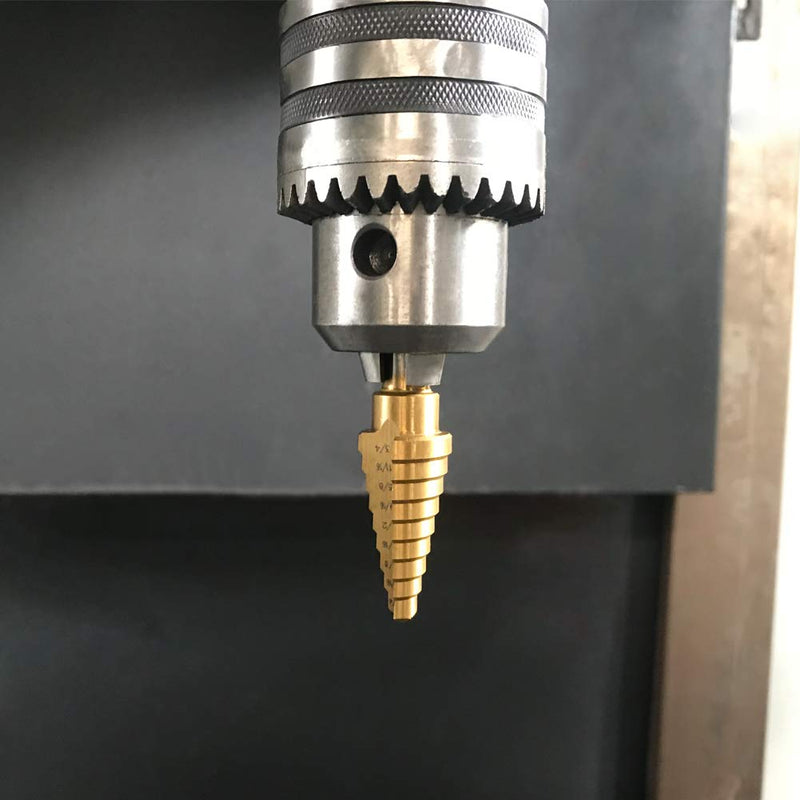  [AUSTRALIA] - COMOWARE Step Drill Bit Set & Automatic Center Punch- Unibit, Titanium Coated, Double Cutting Blades, High Speed Steel, Short Length Drill Bits Set of 5 pcs, Total 50 Sizes with Aluminum Case 6 Pcs Titanium