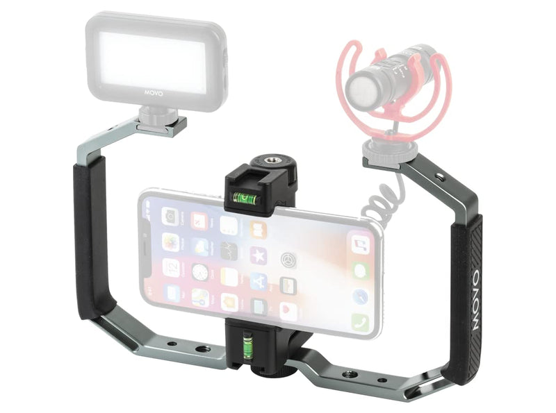  [AUSTRALIA] - Movo SPR-5 Metal Smartphone Video Rig Grip with Rotating Phone Clamp for Vertical or Horizontal Shooting, Mounts for Microphone and Light - Video Stabilizer Cage with Tripod Mount for iPhone, Android