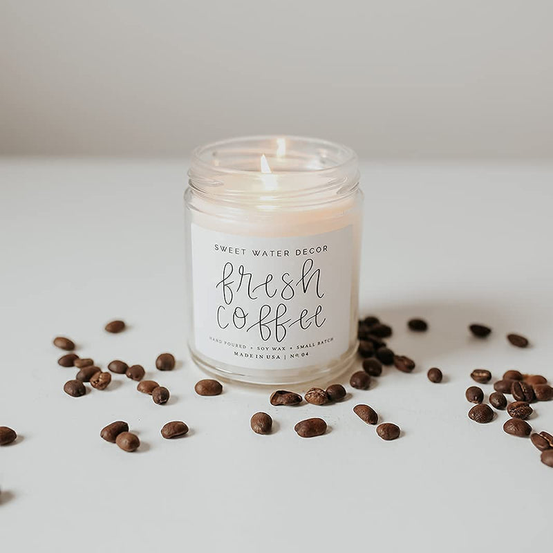 Sweet Water Decor Fresh Coffee Candle | Sweet Latte, Caramel Creme, Kona Coffee, and Rum Cream Scented Soy Candles for Home | 9oz Clear Glass Jar, 40 Hour Burn Time, Made in the USA - LeoForward Australia