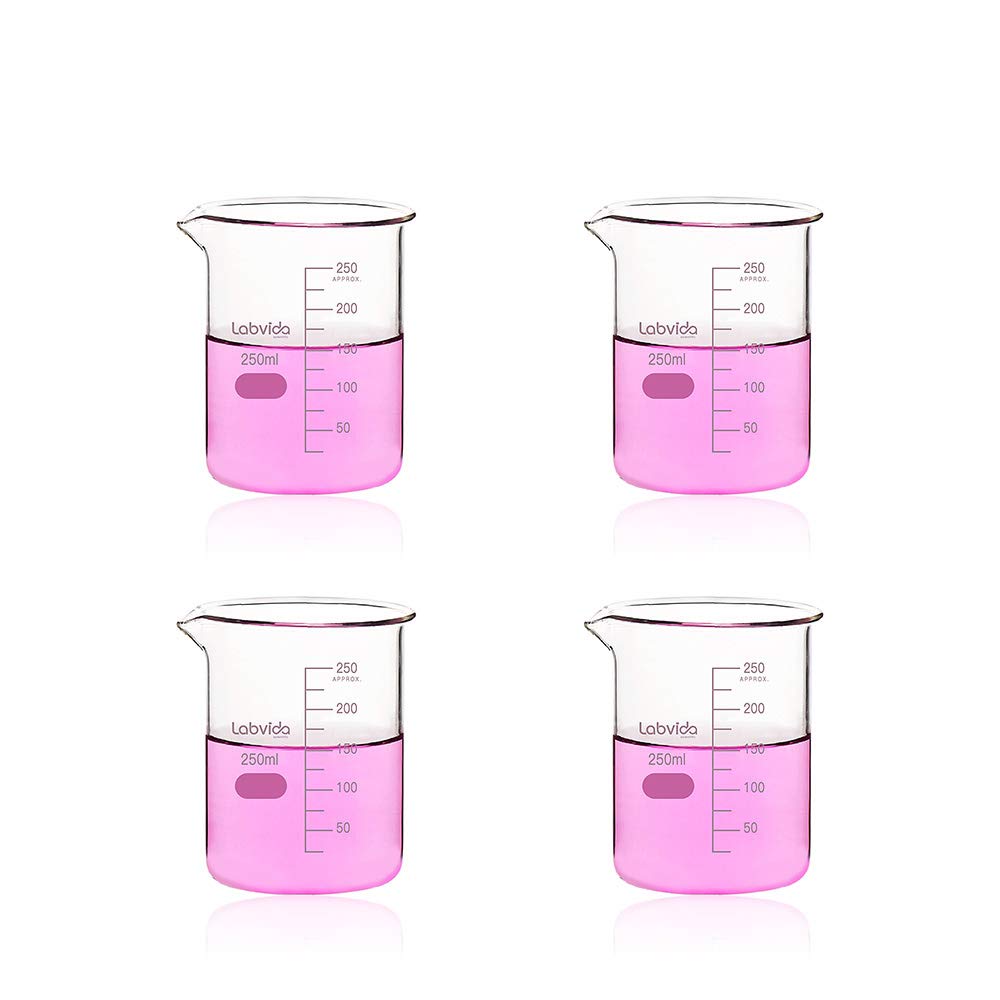  [AUSTRALIA] - Labvida 4pcs of Griffin Low Form Glass Beakers, Vol.250ml, 3.3 Borosilicate with Printed Graduation, LVA009 4pcs of Vol.250ml