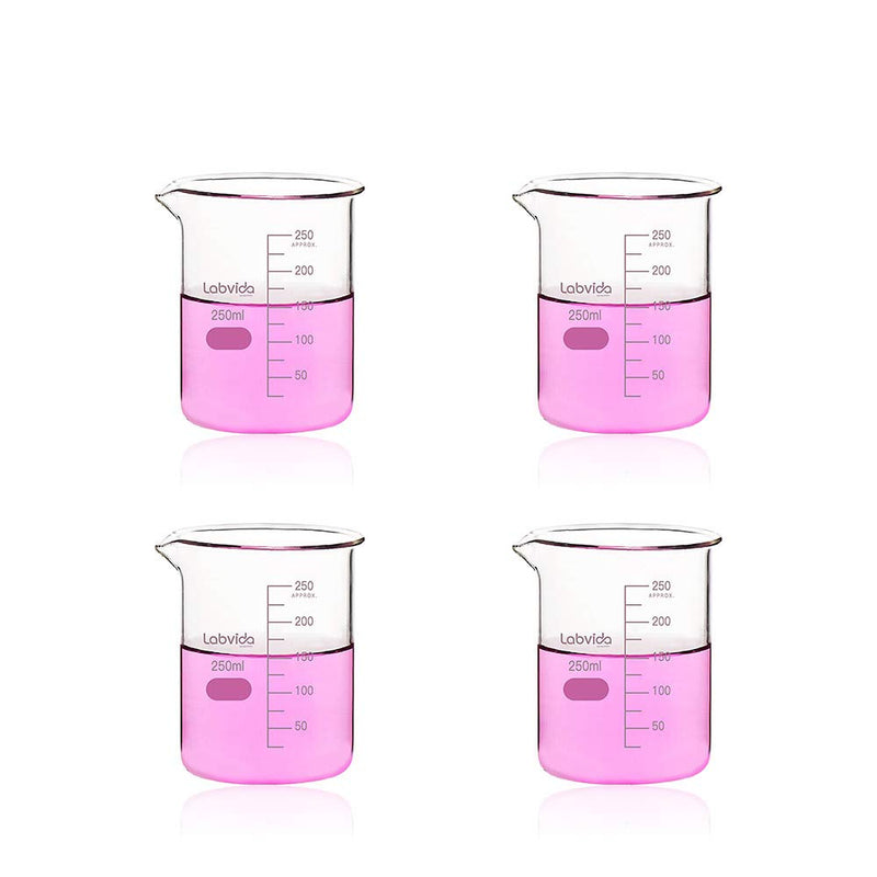  [AUSTRALIA] - Labvida 4pcs of Griffin Low Form Glass Beakers, Vol.250ml, 3.3 Borosilicate with Printed Graduation, LVA009 4pcs of Vol.250ml