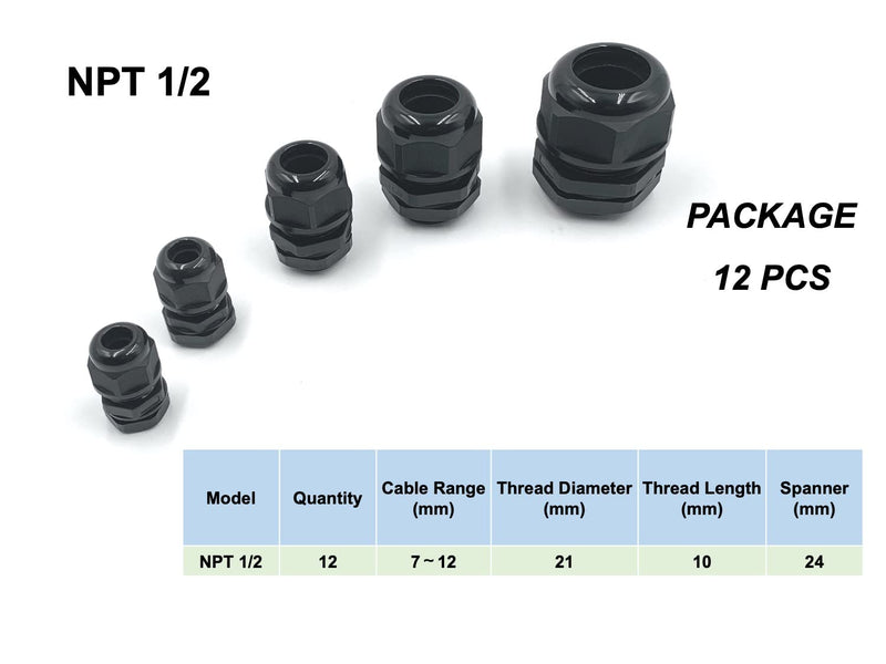  [AUSTRALIA] - Waterproof Connector, Black, Nylon Cable Gland Kit, NPT, 5 Sizes 3/8, 1/2, 3/4, 1, 1-1/4 inch (NPT1/2) NPT1/2