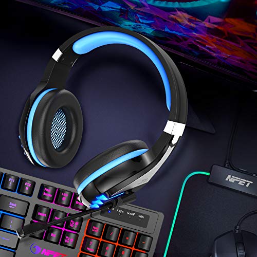  [AUSTRALIA] - NPET HS10 Stereo Gaming Headset for PS4, PC, Xbox One Controller, Noise Cancelling Over-Ear Headphones with Mic, Soft Memory Earmuffs, LED Backlit, Volume Control, Blue