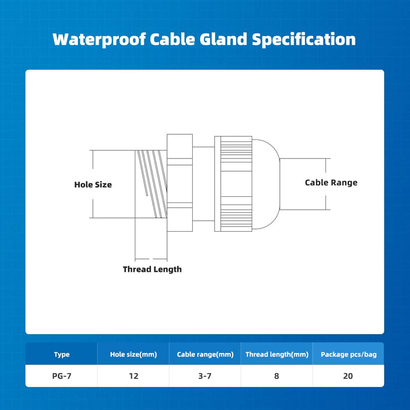  [AUSTRALIA] - CGELE Cable Gland 20 Pack Plastic Waterproof Adjustable Connector 3-7mm PG7 Strain Relief Cord Connectors Joints Nylon with Gaskets, (20-pack) PG7(20-pack)