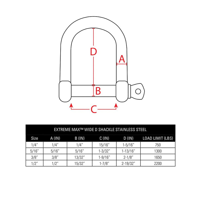 Extreme Max 3006.8228 BoatTector Stainless Steel Wide D Shackle - 5/16",Silver 5/16" Each - LeoForward Australia