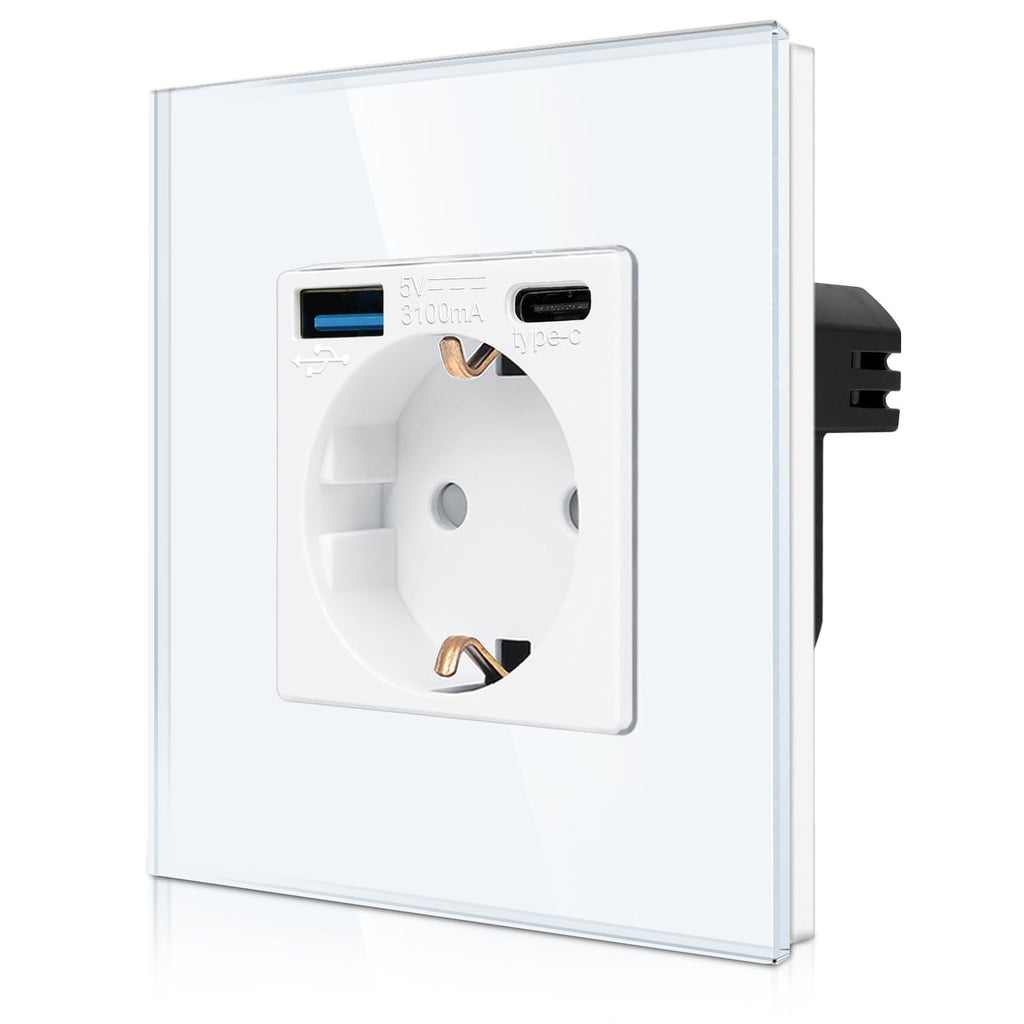  [AUSTRALIA] - CNBINGO single socket with 2× USB port quick charging - 1× (Type-C and USB-A total max. 3.1 amp) - simple glass Schuko socket flush-mounted - white wall socket with child safety lock 1-way, socket with USB (A+C ) White