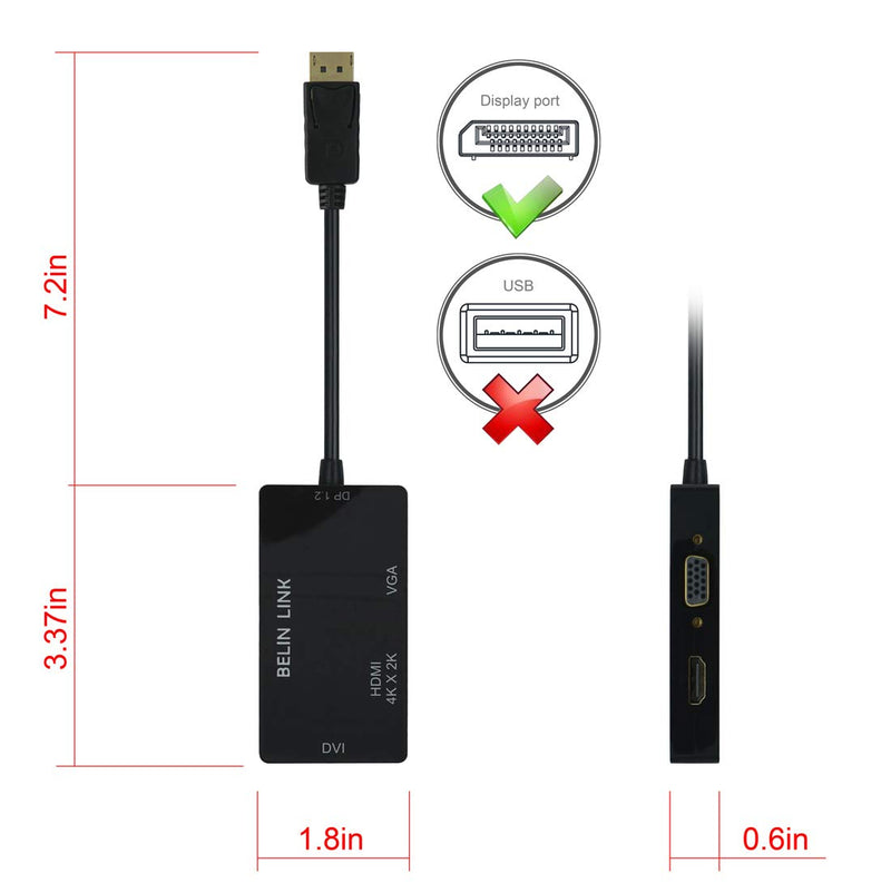  [AUSTRALIA] - DP to HDMI VGA DVI Adapter Displayport to HDMI 4K Adapter 3 in 1 Display Port to HDMI VGA DVI Converter Male to Female Gold-Plated (Diamond Shaped)… (Rectangle Black) Rectangle black