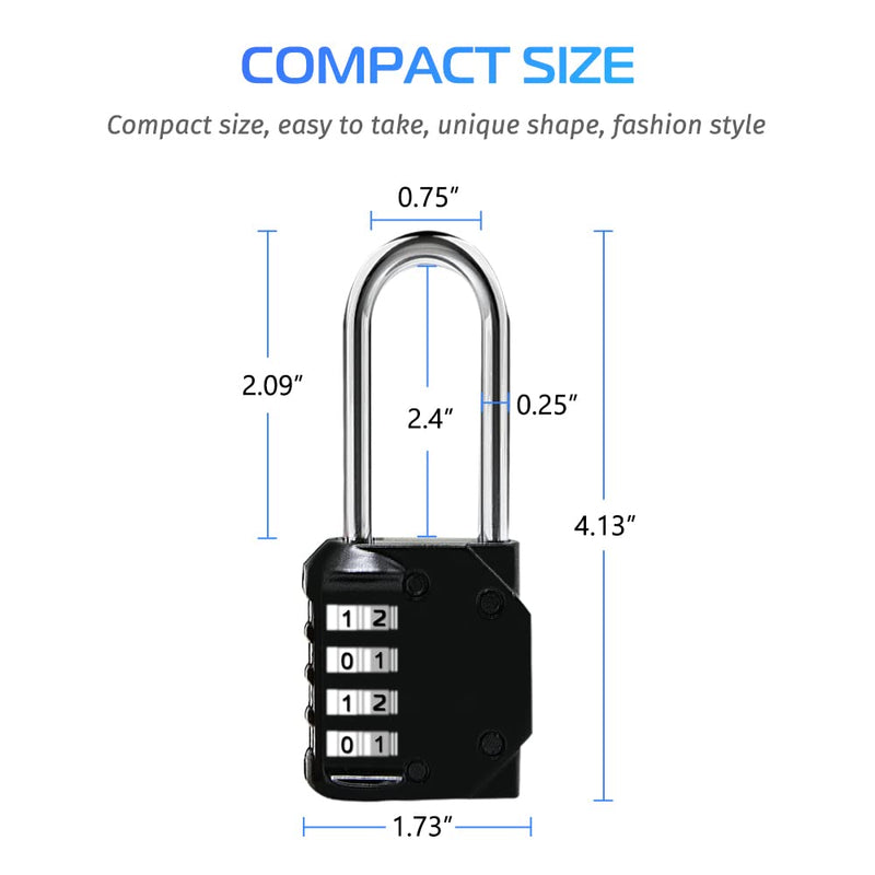  [AUSTRALIA] - 4 Digit Combination Lock,Long Shackle Padlock and Outdoor Waterproof Resettable Padlock for Gym Locker,Sports Locker, Fence, Gate, Toolbox, Case, Hasp Storage (Black，2Pack) Long Shackle Black