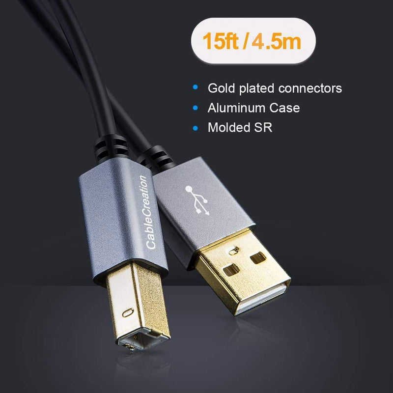  [AUSTRALIA] - USB Printer Cable, CableCreation USB 2.0 A Male to B Male Scanner Cord, Compatible with HP, Cannon, Brother, Dell, Xerox, Samsung and More, 15 FT, Black 15ft