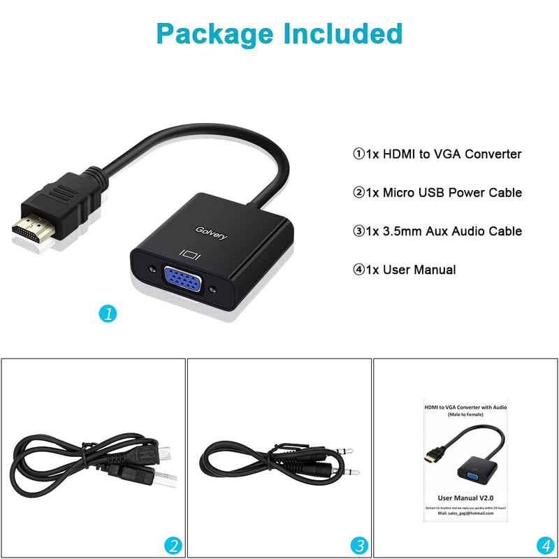  [AUSTRALIA] - Golvery HDMI to VGA Adapter, Gold-Plated 1080P HDMI to VGA Converter w/ Micro USB Power Cable & 3.5mm Audio Cable for Desktop, Computer, Laptop, Raspberry Pi, HDTV, Monitor, Projector, PS4, Xbox, Roku