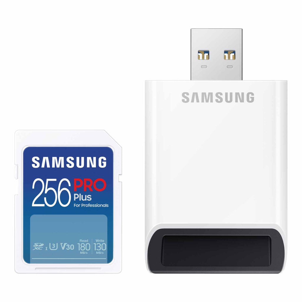  [AUSTRALIA] - SAMSUNG PRO Plus Full Size 256GB SDXC Memory Card + Reader, Up to 180 MB/s, Full HD & 4K UHD, UHS-I, C10, U3, V30 for DSLR, Mirrorless Cameras, PCs, MB-SD256SB/AM, 2023 New Full Size SD PRO Plus/Reader Read/Write 180/130MB/s