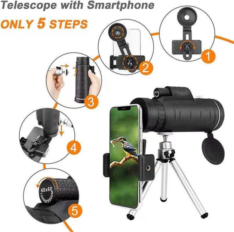  [AUSTRALIA] - 40X60 Monocular Telescope for Adults with Smartphone Adapter Holder & Tripod HD Monocular for Wildlife Hunting Hiking Bird Watching Concert Travelling