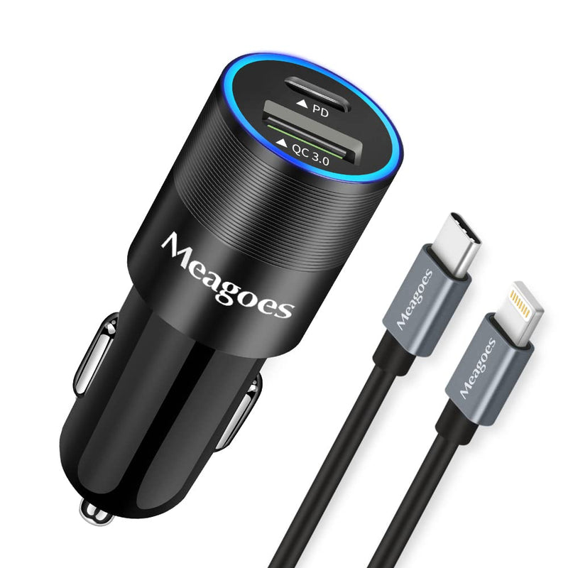 [AUSTRALIA] - Fast USB C Car Charger, Meagoes Dual Rapid Charging Port Adapter with 20W PD&QC3.0, Compatible for iPhone 13 Pro/Max/Mini/12/11/Max/Pro/X/8/AirPod - 3.3ft Apple MFi Certified Type C to Lightning Cable