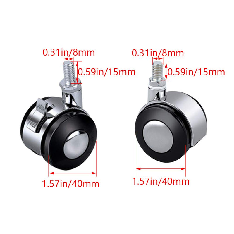  [AUSTRALIA] - MroMax Furniture Casters Alloy 1.57 Inch Twin Wheel Threaded Stem Swivel Caster, 44lb Load Capacity, 4 Pcs 2 with Brake, 2 no Brake