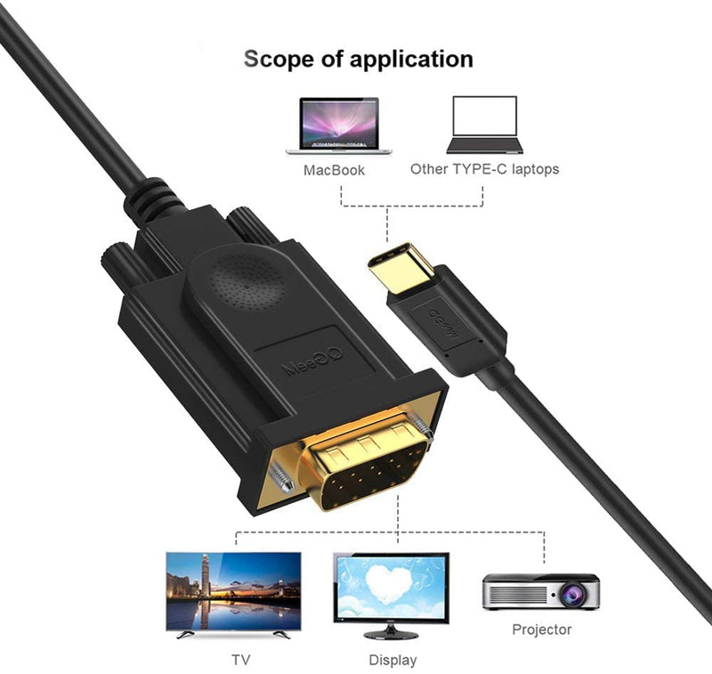  [AUSTRALIA] - USB C to VGA Cable Adapter Black 6 Feet/1.8m,QGEEM Type C to VGA Cable Compatible with MacBook Pro,Dell XPS 13/15,Surface Book 2,HP Spectre x360,Lenovo Yoga 910 & More,VGA to USB C 1.8M
