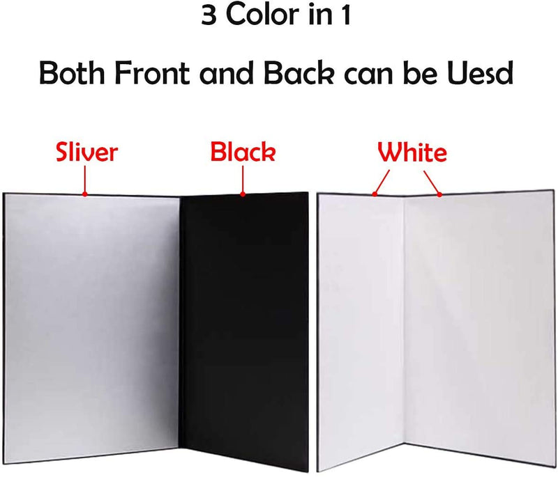  [AUSTRALIA] - BEIYANG 3 in1 Cardboard Light Reflector for Photography, 12×8in White Black Silver Matte Foil Absorb Thick Reflective Cardboard One Cardboard
