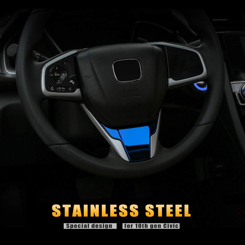  [AUSTRALIA] - CKE Civic Steering Wheel Cover Stainless Steel Interior Trim Panel For 10th Gen Honda Civic 2020 2019 2018 2017 2016-Blue Steering Wheel-Blue