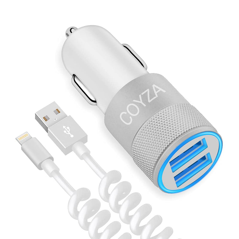  [AUSTRALIA] - COYZA Fast Car Charger Adapter, Compatible with iPhone 13/12/11/Pro Max/Pro/Mini/X/XS/XS MAX/XR/SE 2020/8 Plus/8/7 Plus/7/6s/6/5/SE, 3.1A Dual USB Ports with Coiled Charging Cable Cord White