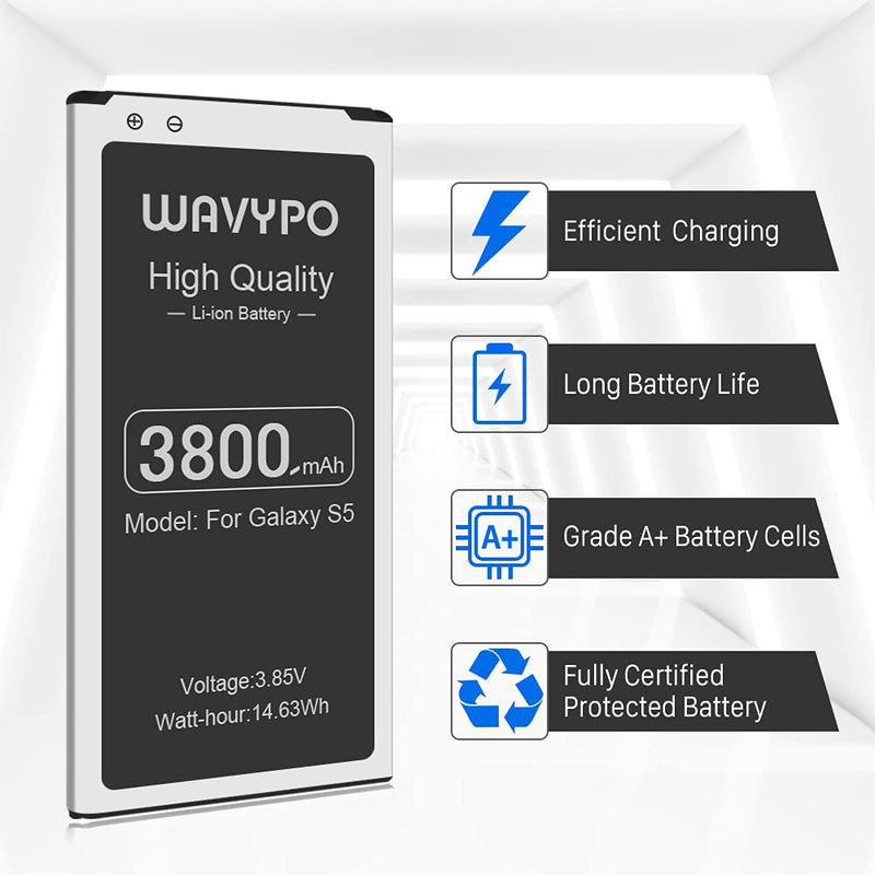 Battry for Galaxy S5, (Upgraded) 3800mAh Wavypo EB-BG900BBC Replacement Battery Li-ion for Samsung Galaxy S5 G900V, G900A, G900F, G900H, I9600, G900P, G900T, G900R4, S5 Spare Battery - LeoForward Australia