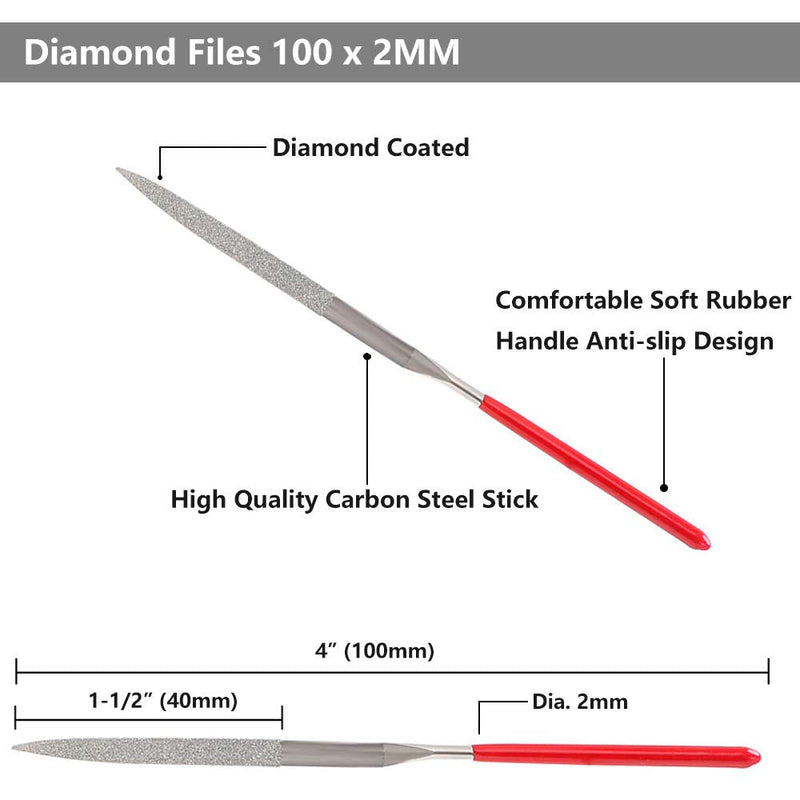 [AUSTRALIA] - Yakamoz 10-Piece Mini Diamond Needle File Set 2x100mm Small Metal Riffler Files Jewelers File Precision Hand Tools for Glass Wood Stone Jewelry - Round Triangular Square Flat Shape