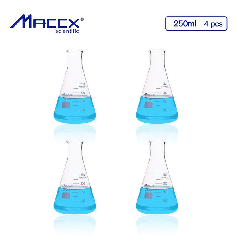 Maccx 8.5oz(250ml) Narrow-Mouth Sturdy Glass Erlenmeyer Flask, 3.3 Borosilicate with Printed Graduation, Pack of 4, EFN250-004 - LeoForward Australia