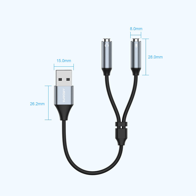  [AUSTRALIA] - USB Headset Adapter,ANDAPA USB Audio Adapter Stereo External Sound Card with 3.5mm Headphone and Microphone Jack for Windows Mac Linux PC Laptops Desktops PS5 22cm