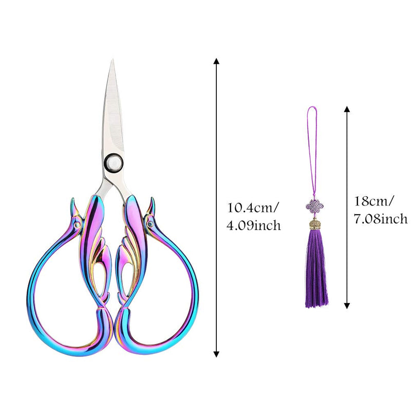  [AUSTRALIA] - Kogyxe 4 inch Embroidery Scissors, Vintage Sewing Shears, Sharp Professional Stainless Steel Cross Stitch Scissors, Swan Birds Scissors with Tassel for Embroidery, Sewing, Craft, Art Work(Colorful)