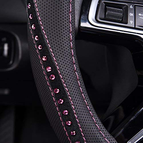  [AUSTRALIA] - CAR PASS Pretty Rhinestone Leather Universal Steering Wheel Cover,Fit for Car, Suvs,Sedans,Truck,Anti-Slip Design (Black with Rose red) black with rose red