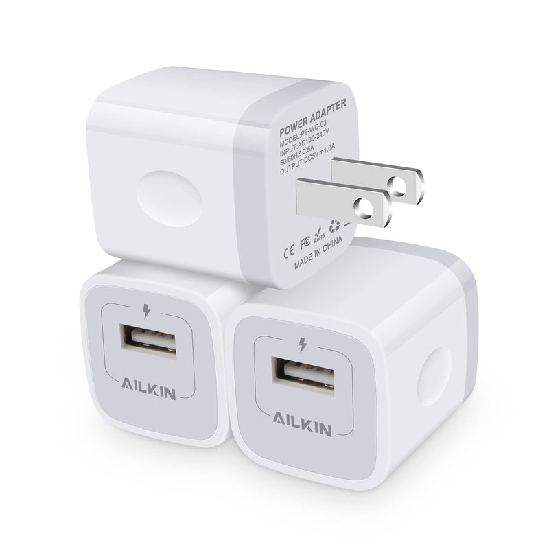  [AUSTRALIA] - USB Charger, iPhone Wall Charger Block, AILKIN 3Pack Single Port iPhone Fast Charging Power Adapter Plug Cube Compatible with iPhone 14 13 12 Pro Mini Max 11 XR, Samsung Galaxy S23 S22 S21 A52, Google White