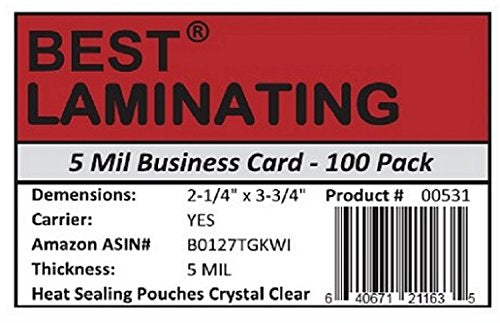  [AUSTRALIA] - Best Laminating - 5 Mil Business Card Therm. Laminating Pouches - 2-1/4 x 3-3/4 (100 Pouches)
