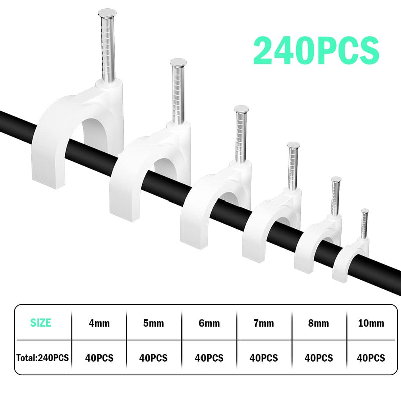  [AUSTRALIA] - SIOCEN 240pcs Circle Cable Clips with Steel Nails 4mm 5mm 6mm 7mm 8mm 10mm Cable Management for RG6,RG59,CAT6,RJ45 Cord Coax Cable,Ethernet Cable,TV Wire Cable, Telephone Cable,Led Starlight,Printer